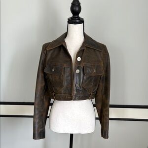 Brown Cropped Leather Jacket with Vintage Finish